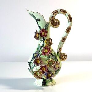Vintage Japan Porcelain Hand Painted Gold Trim Floral Relief Vase Pitcher